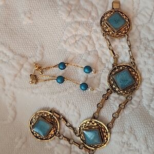 Art Deco Gold Over brass filigree link bracelet & Authentic Artisan GLD earrings